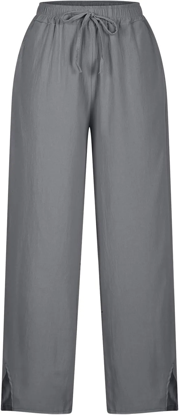 Linen Pants Women Lightweight 2025 Elastic Waist Split Hem Bootcut Pant Loose Fit Solid Color Trousers with Pockets