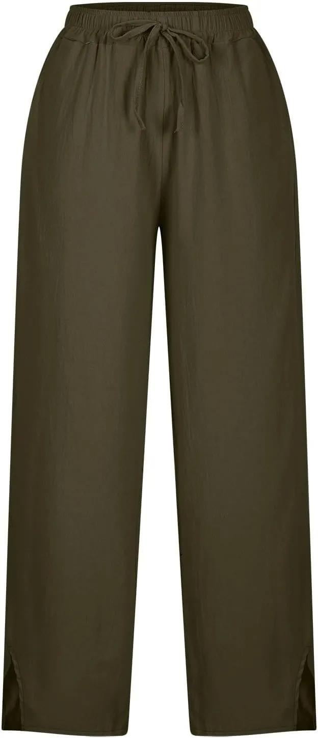 Linen Pants Women Lightweight 2025 Elastic Waist Split Hem Bootcut Pant Loose Fit Solid Color Trousers with Pockets