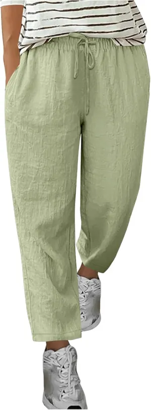 Linen Pants Women Solid Color Loose Fit Straight Leg Drawstring Trousers Lounge Beach Summer Pants with Pockets