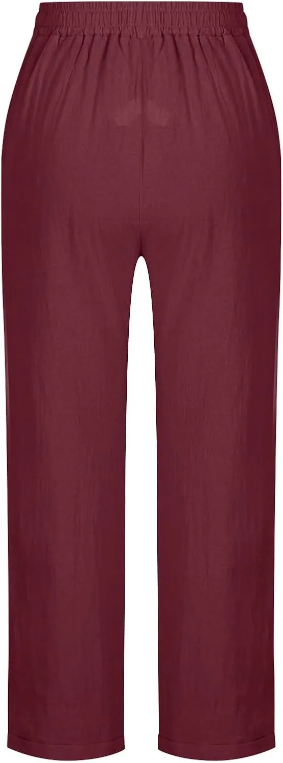 Linen Pants Women Solid Color Loose Fit Straight Leg Drawstring Trousers Lounge Beach Summer Pants with Pockets