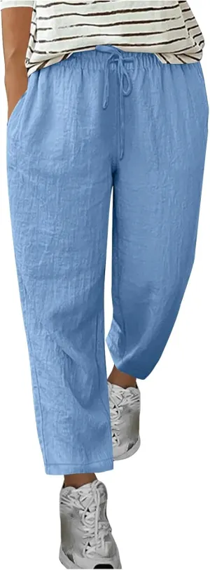 Linen Pants Women Solid Color Loose Fit Straight Leg Drawstring Trousers Lounge Beach Summer Pants with Pockets