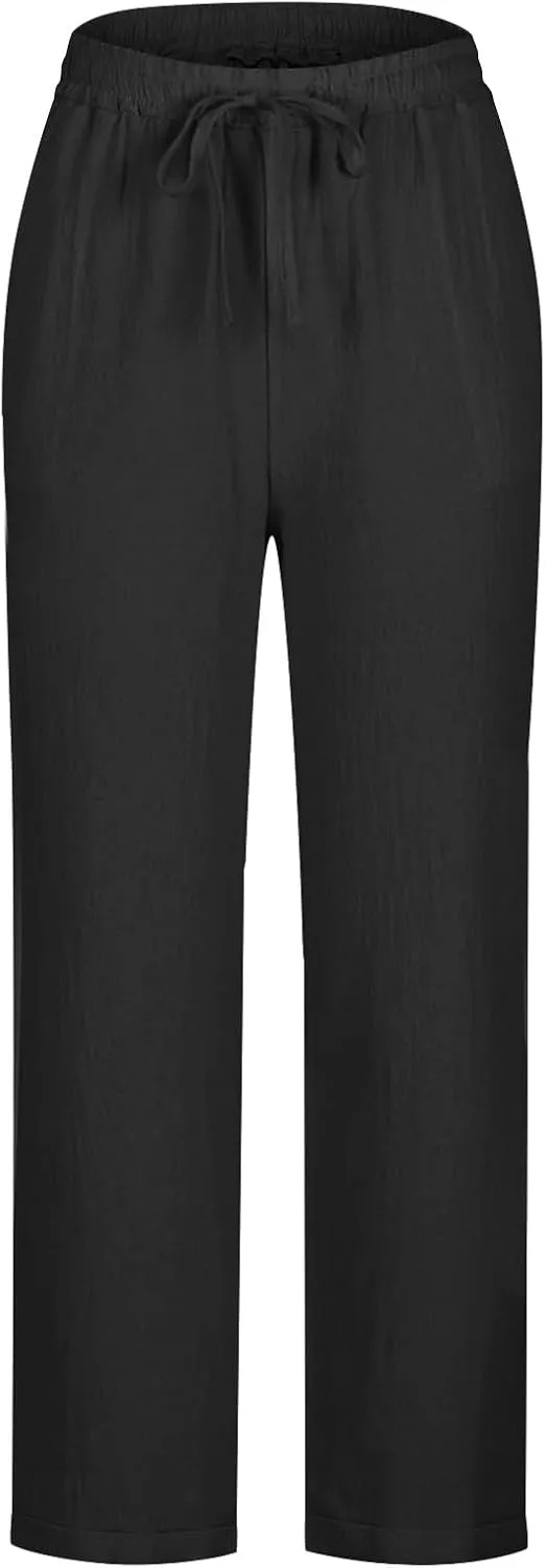Linen Pants Women Solid Color Loose Fit Straight Leg Drawstring Trousers Lounge Beach Summer Pants with Pockets