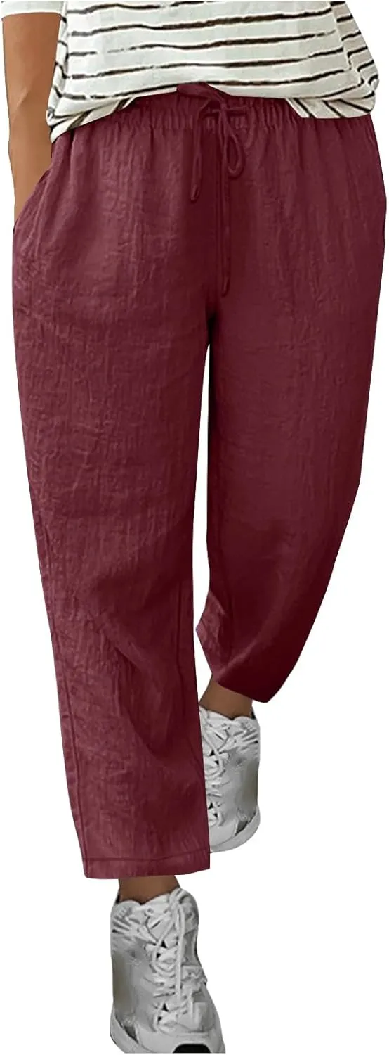 Linen Pants Women Solid Color Loose Fit Straight Leg Drawstring Trousers Lounge Beach Summer Pants with Pockets