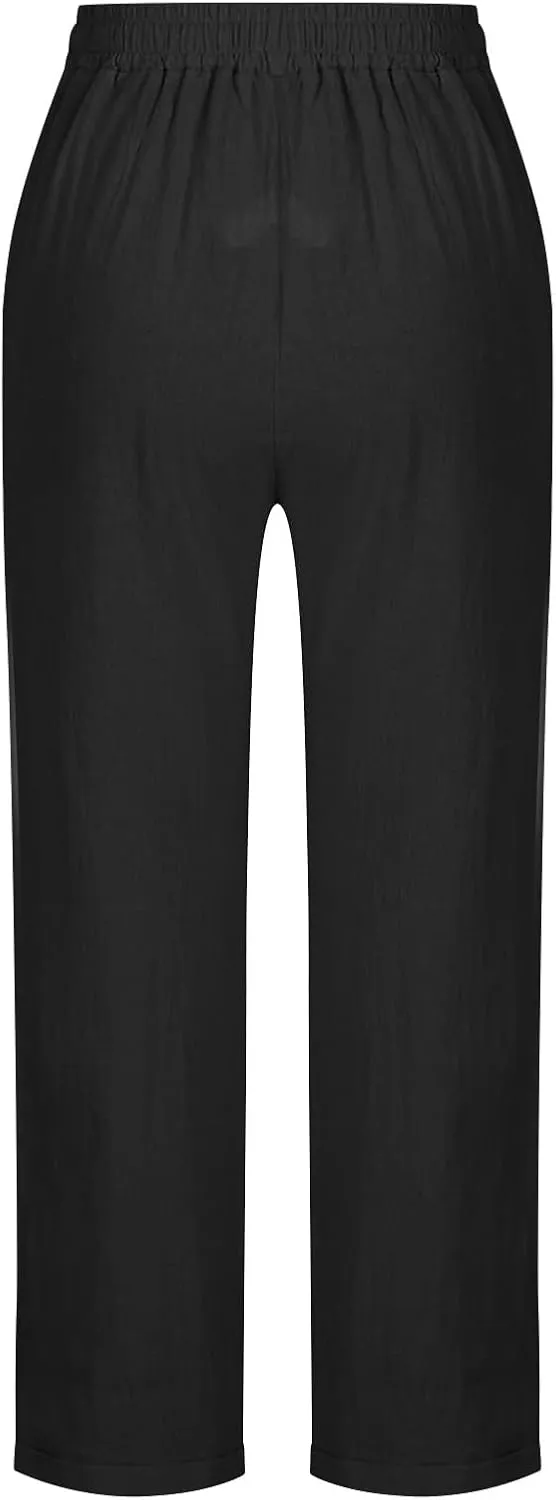 Linen Pants Women Solid Color Loose Fit Straight Leg Drawstring Trousers Lounge Beach Summer Pants with Pockets