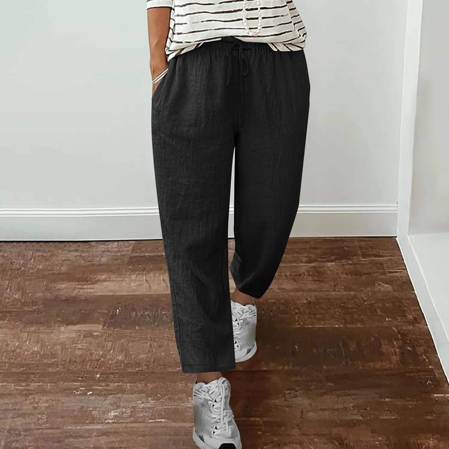 Linen Pants Women Solid Color Loose Fit Straight Leg Drawstring Trousers Lounge Beach Summer Pants with Pockets