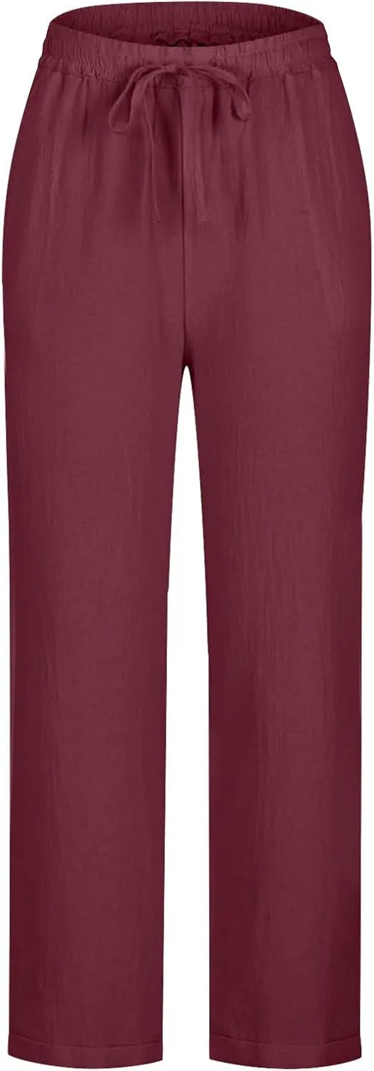 Linen Pants Women Solid Color Loose Fit Straight Leg Drawstring Trousers Lounge Beach Summer Pants with Pockets