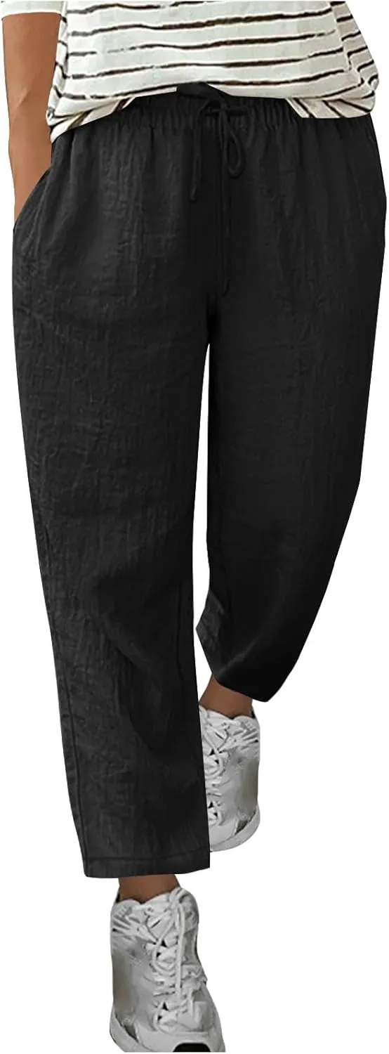 Linen Pants Women Solid Color Loose Fit Straight Leg Drawstring Trousers Lounge Beach Summer Pants with Pockets