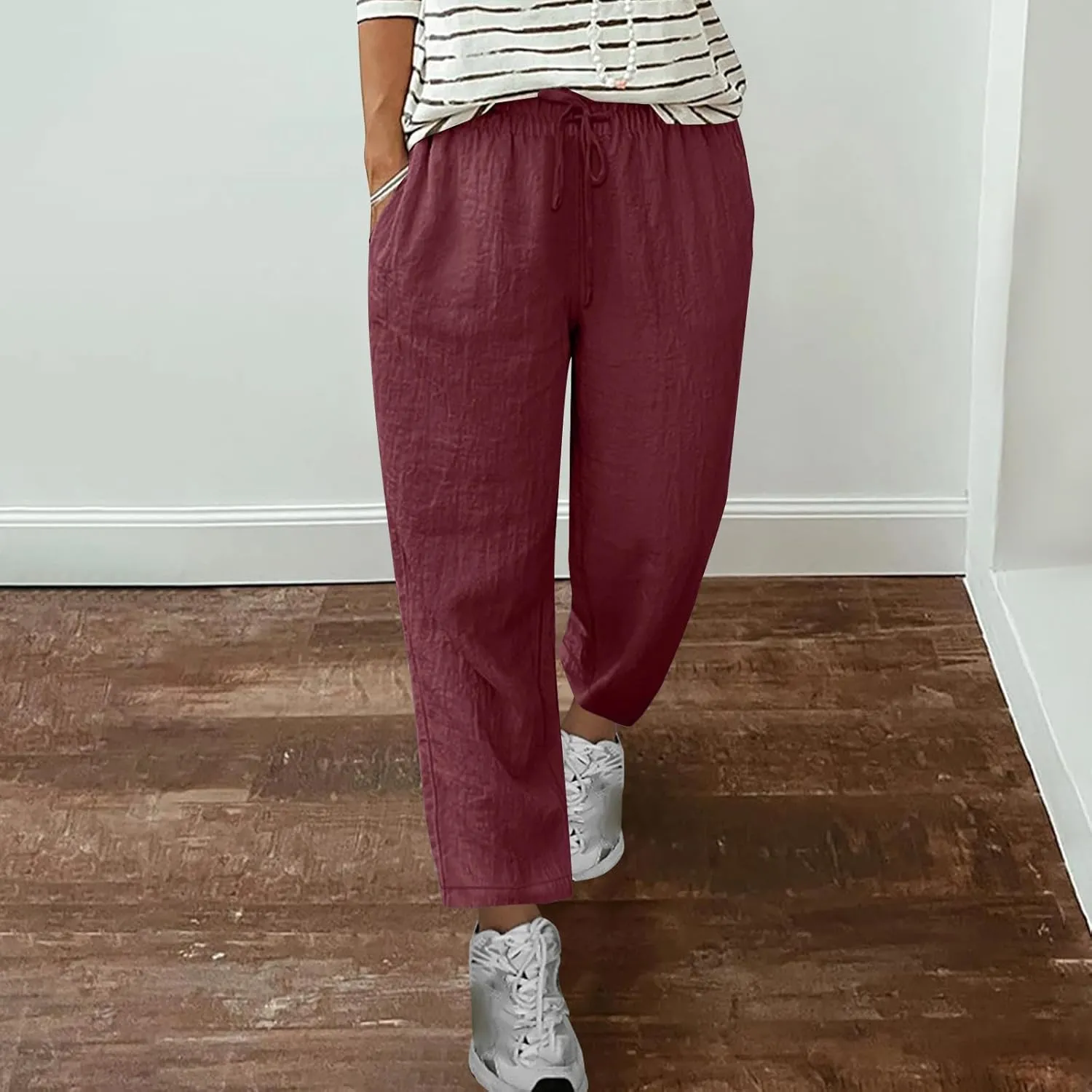 Linen Pants Women Solid Color Loose Fit Straight Leg Drawstring Trousers Lounge Beach Summer Pants with Pockets
