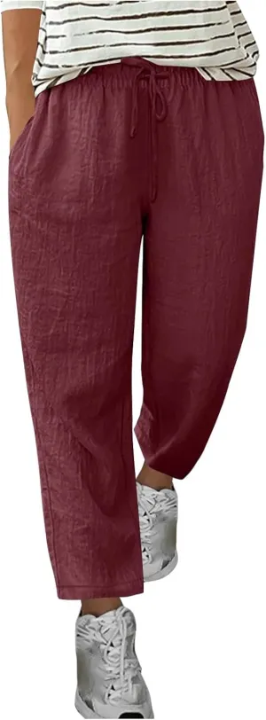 Linen Pants Women Solid Color Loose Fit Straight Leg Drawstring Trousers Lounge Beach Summer Pants with Pockets