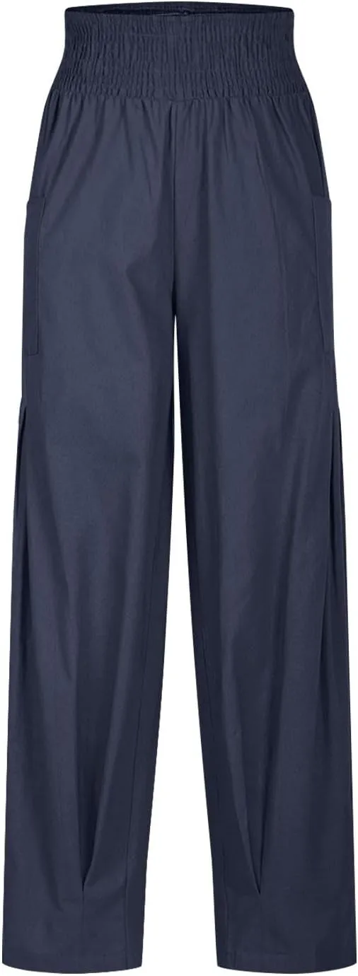 Linen Pants Women Summer 2025 Elastic High Waisted Baggy Paperback Pant Solid Color Harem Trouser with Pockets