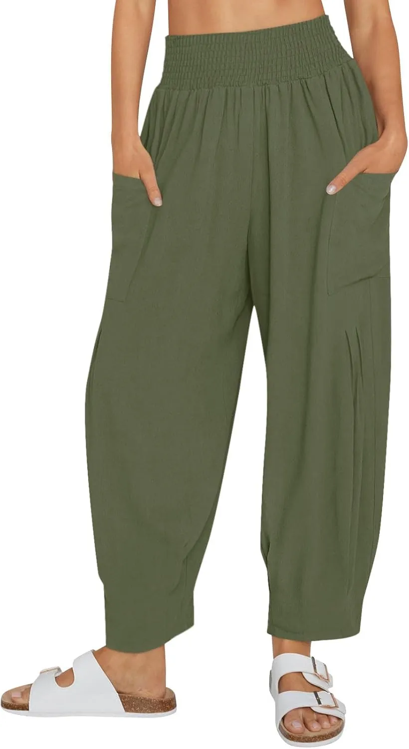 Linen Pants Women Summer 2025 Elastic High Waisted Baggy Paperback Pant Solid Color Harem Trouser with Pockets