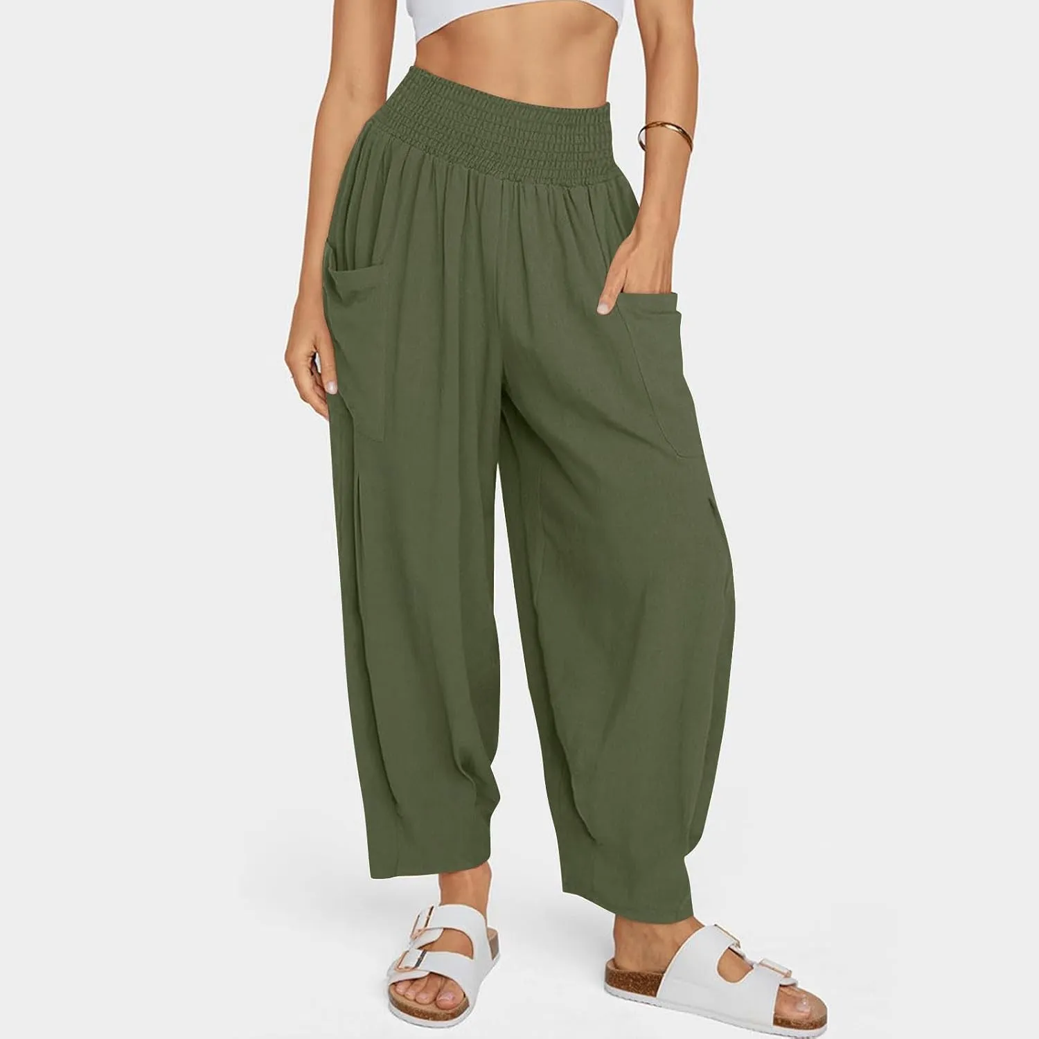 Linen Pants Women Summer 2025 Elastic High Waisted Baggy Paperback Pant Solid Color Harem Trouser with Pockets
