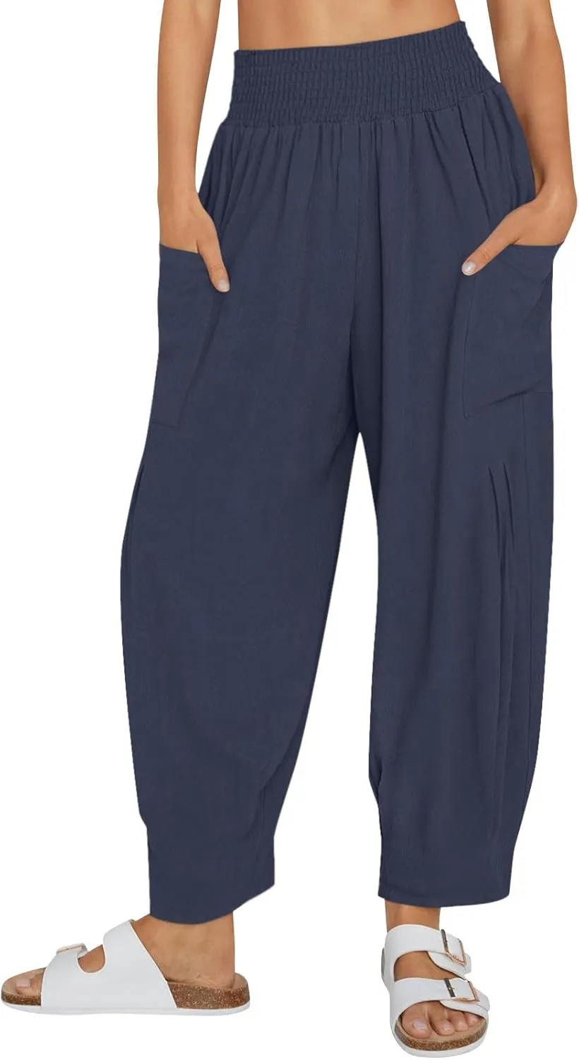 Linen Pants Women Summer 2025 Elastic High Waisted Baggy Paperback Pant Solid Color Harem Trouser with Pockets