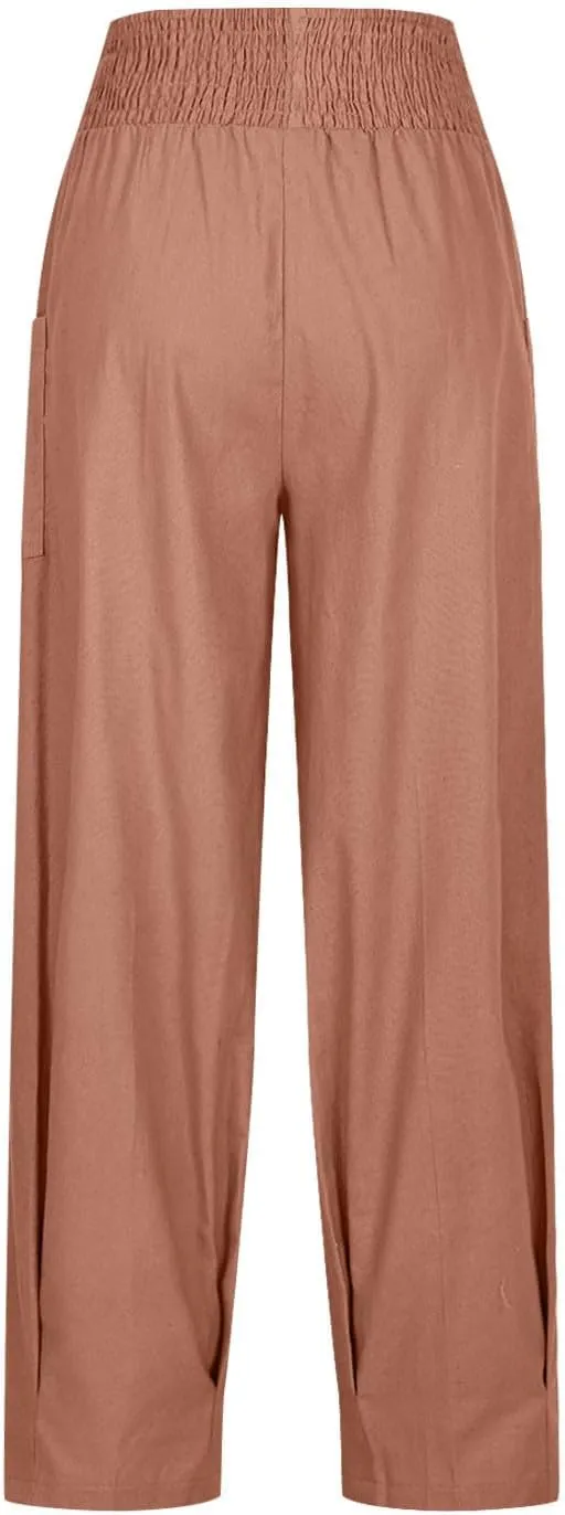 Linen Pants Women Summer 2025 Elastic High Waisted Baggy Paperback Pant Solid Color Harem Trouser with Pockets