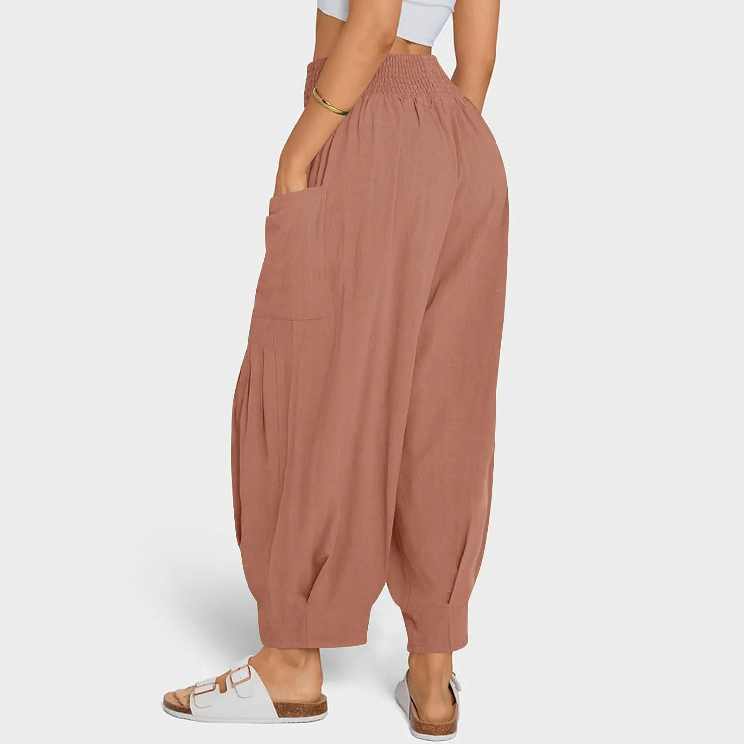 Linen Pants Women Summer 2025 Elastic High Waisted Baggy Paperback Pant Solid Color Harem Trouser with Pockets