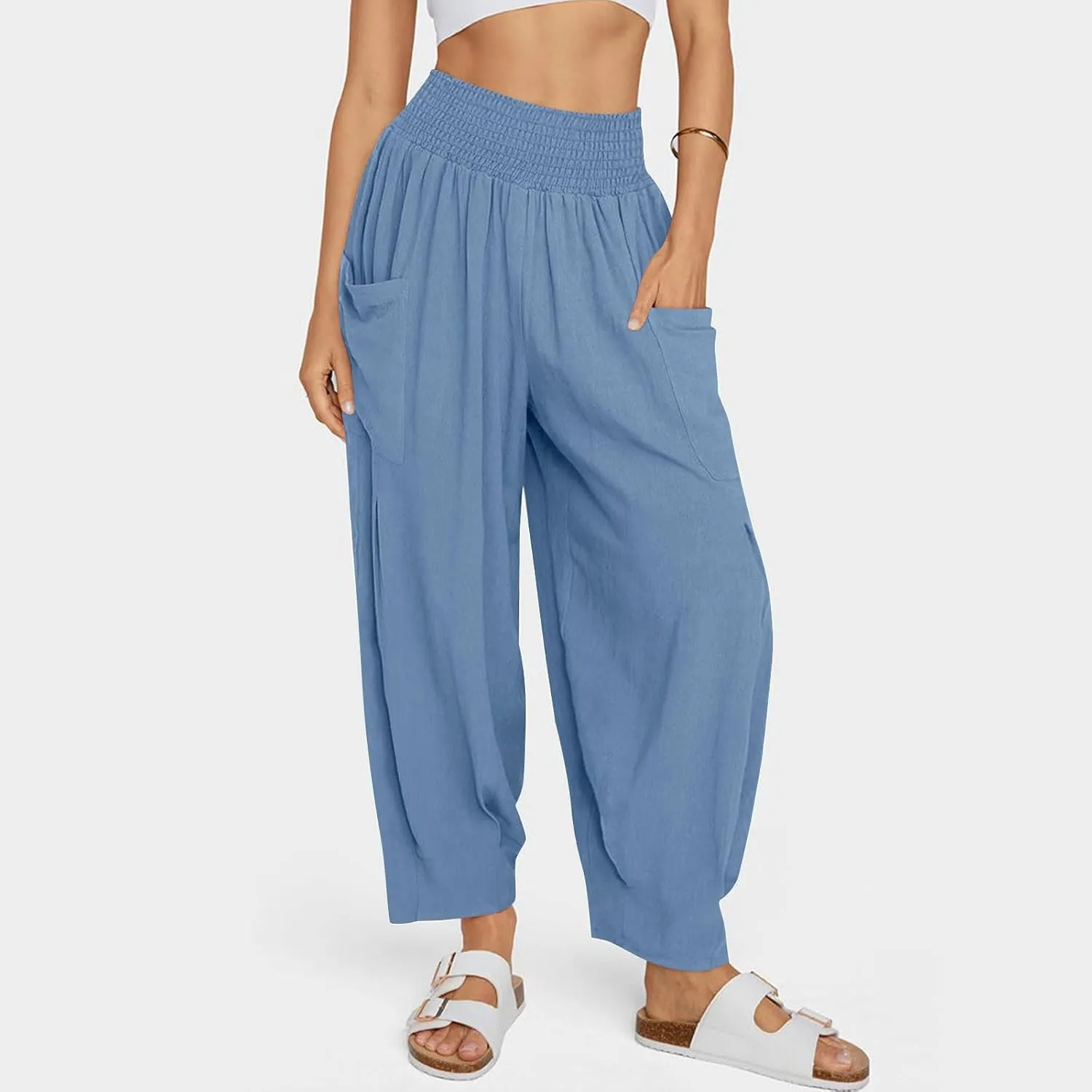 Linen Pants Women Summer 2025 Elastic High Waisted Baggy Paperback Pant Solid Color Harem Trouser with Pockets