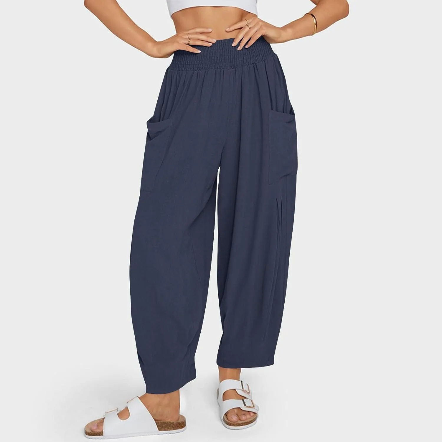 Linen Pants Women Summer 2025 Elastic High Waisted Baggy Paperback Pant Solid Color Harem Trouser with Pockets