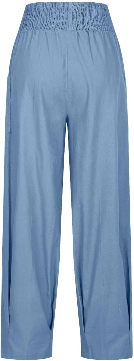 Linen Pants Women Summer 2025 Elastic High Waisted Baggy Paperback Pant Solid Color Harem Trouser with Pockets