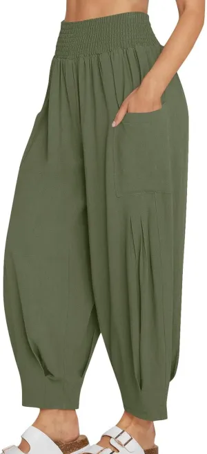 Linen Pants Women Summer 2025 Elastic High Waisted Baggy Paperback Pant Solid Color Harem Trouser with Pockets