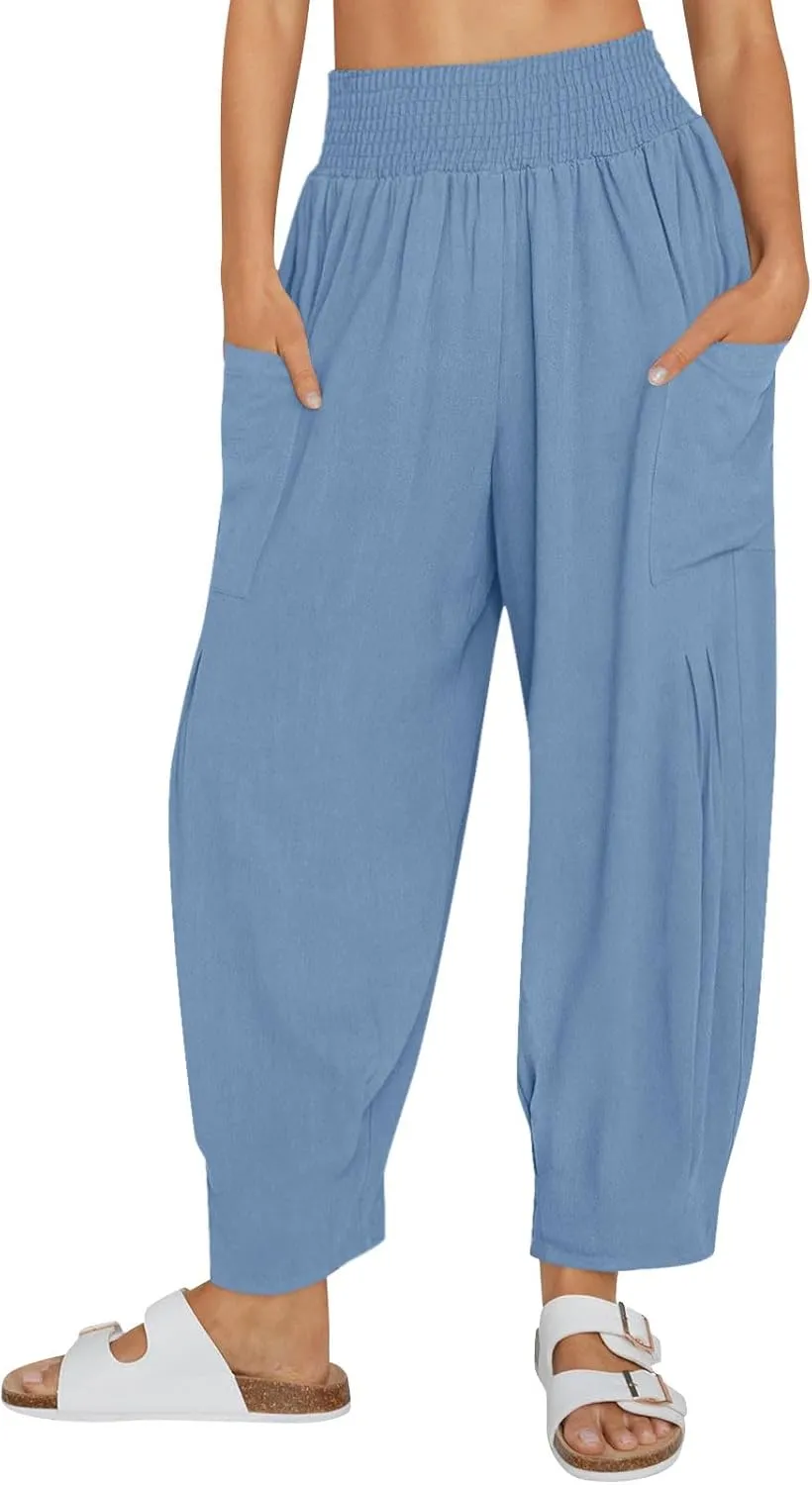 Linen Pants Women Summer 2025 Elastic High Waisted Baggy Paperback Pant Solid Color Harem Trouser with Pockets