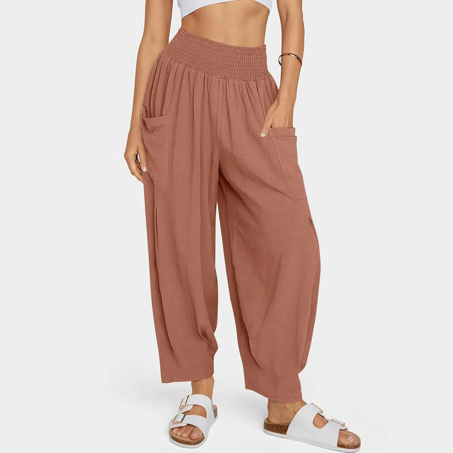 Linen Pants Women Summer 2025 Elastic High Waisted Baggy Paperback Pant Solid Color Harem Trouser with Pockets