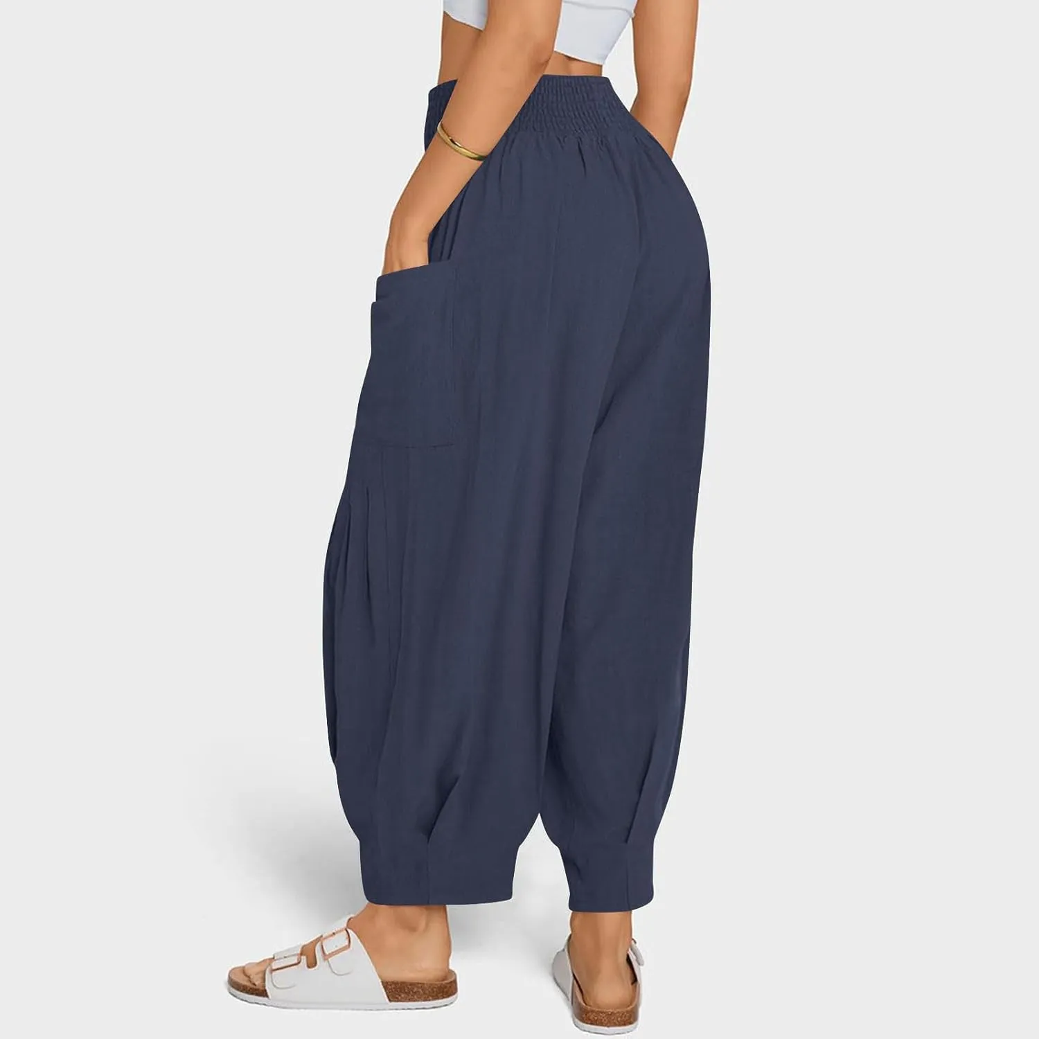 Linen Pants Women Summer 2025 Elastic High Waisted Baggy Paperback Pant Solid Color Harem Trouser with Pockets