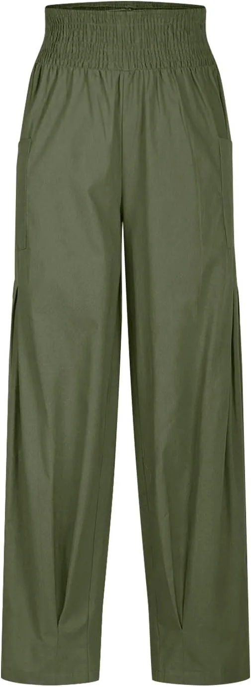 Linen Pants Women Summer 2025 Elastic High Waisted Baggy Paperback Pant Solid Color Harem Trouser with Pockets
