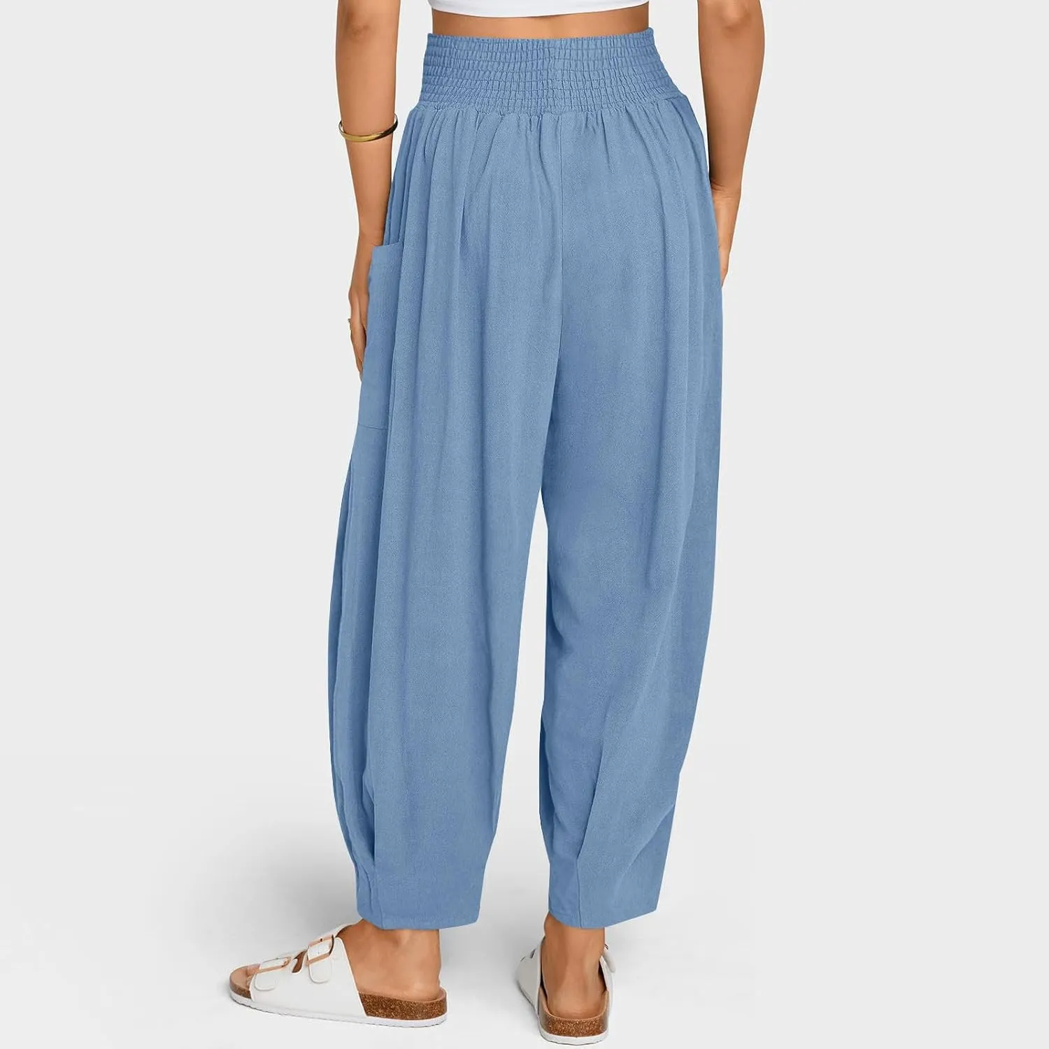 Linen Pants Women Summer 2025 Elastic High Waisted Baggy Paperback Pant Solid Color Harem Trouser with Pockets