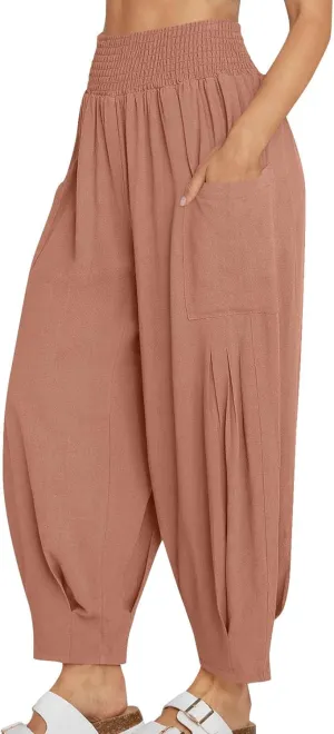 Linen Pants Women Summer 2025 Elastic High Waisted Baggy Paperback Pant Solid Color Harem Trouser with Pockets