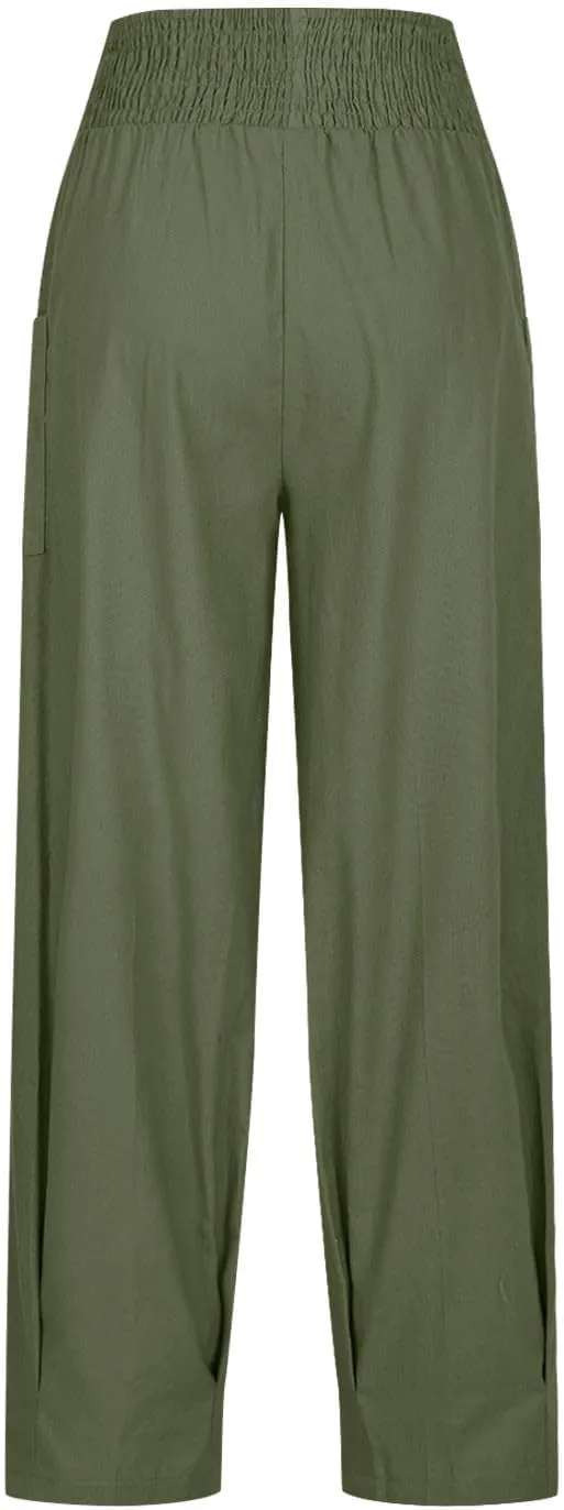 Linen Pants Women Summer 2025 Elastic High Waisted Baggy Paperback Pant Solid Color Harem Trouser with Pockets
