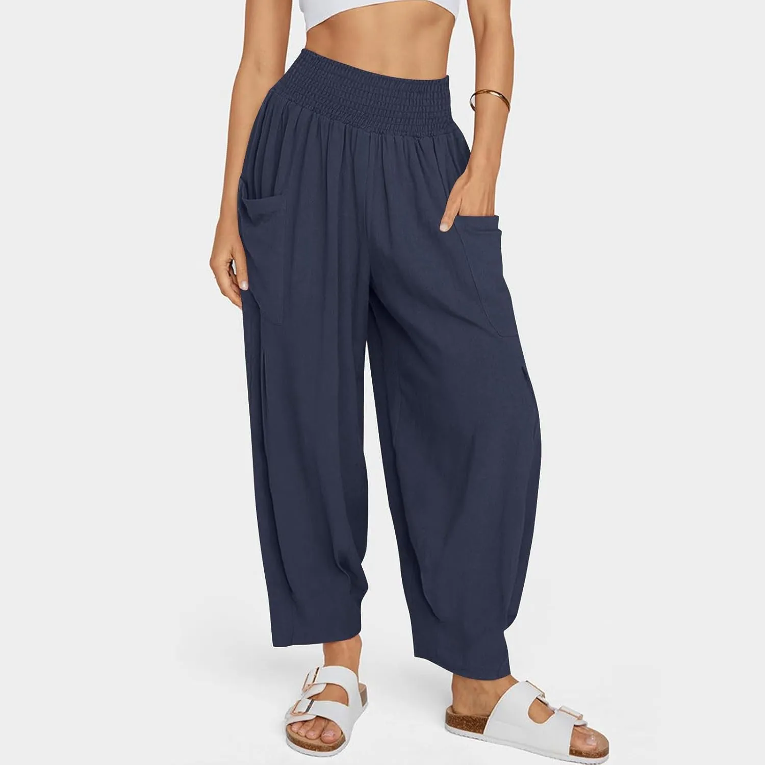 Linen Pants Women Summer 2025 Elastic High Waisted Baggy Paperback Pant Solid Color Harem Trouser with Pockets