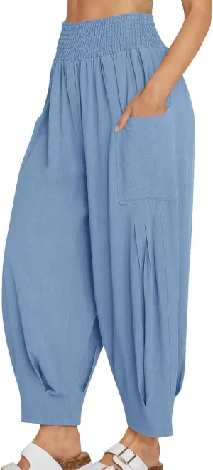 Linen Pants Women Summer 2025 Elastic High Waisted Baggy Paperback Pant Solid Color Harem Trouser with Pockets