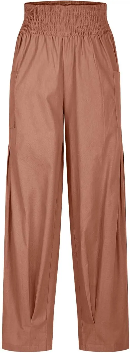 Linen Pants Women Summer 2025 Elastic High Waisted Baggy Paperback Pant Solid Color Harem Trouser with Pockets