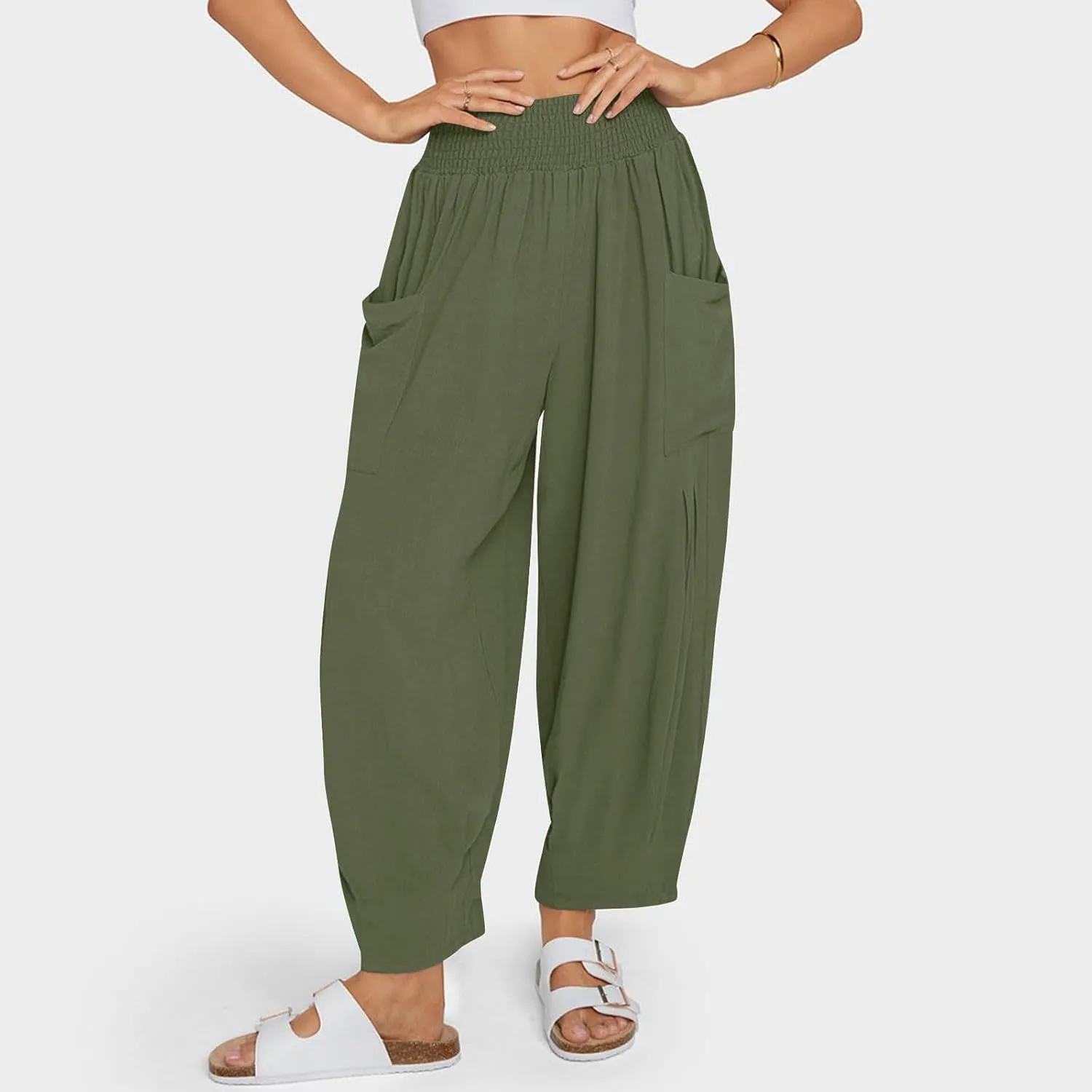 Linen Pants Women Summer 2025 Elastic High Waisted Baggy Paperback Pant Solid Color Harem Trouser with Pockets