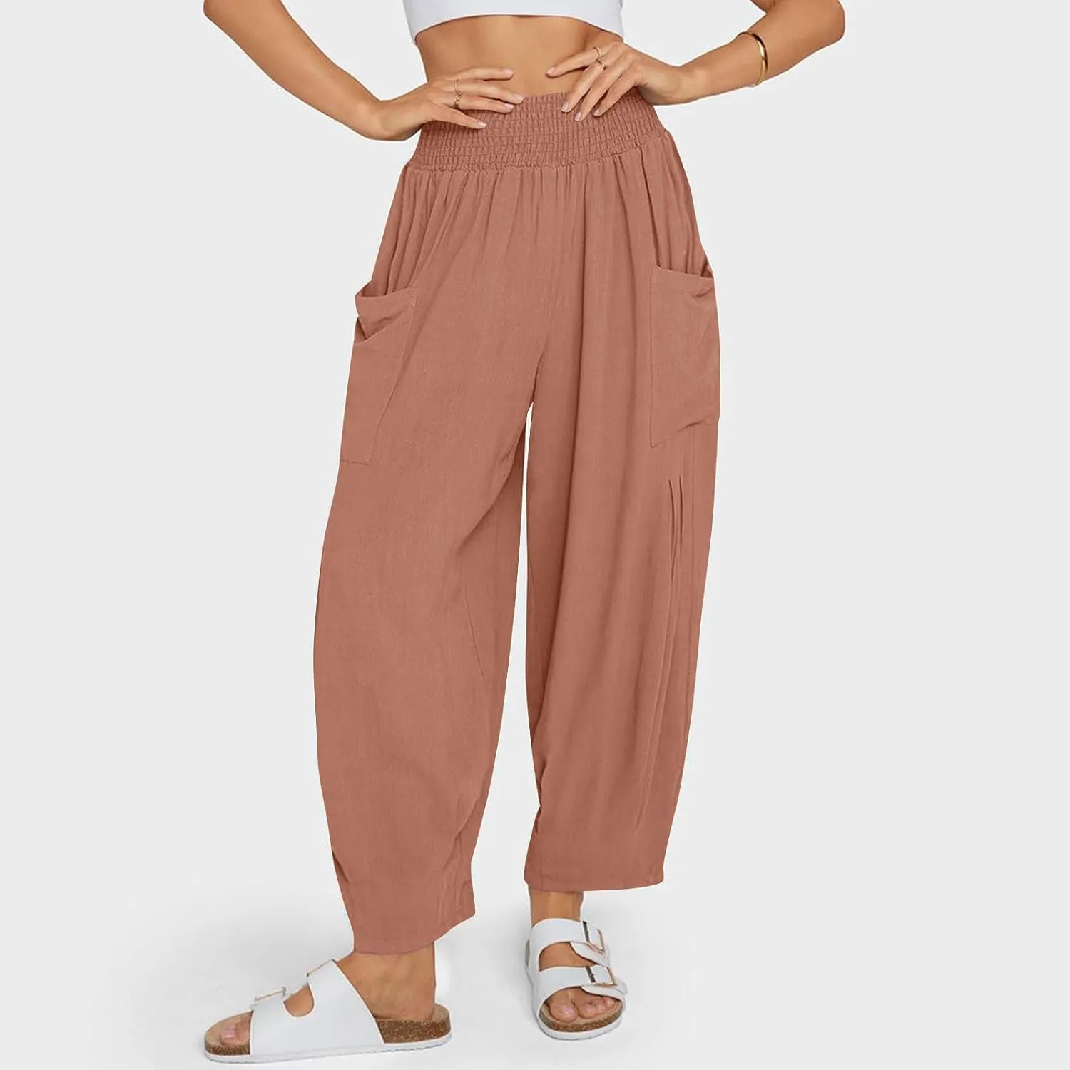 Linen Pants Women Summer 2025 Elastic High Waisted Baggy Paperback Pant Solid Color Harem Trouser with Pockets
