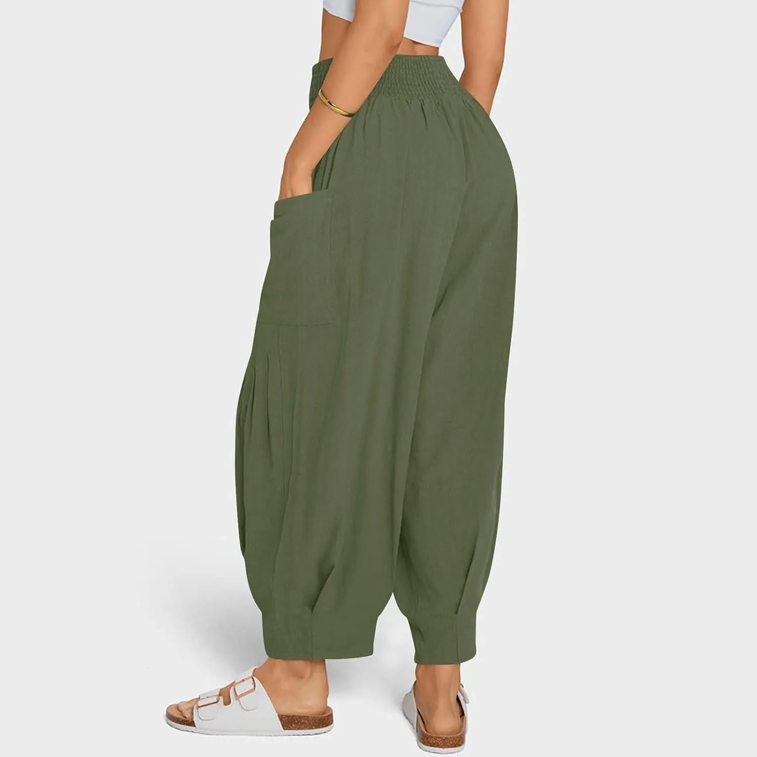 Linen Pants Women Summer 2025 Elastic High Waisted Baggy Paperback Pant Solid Color Harem Trouser with Pockets