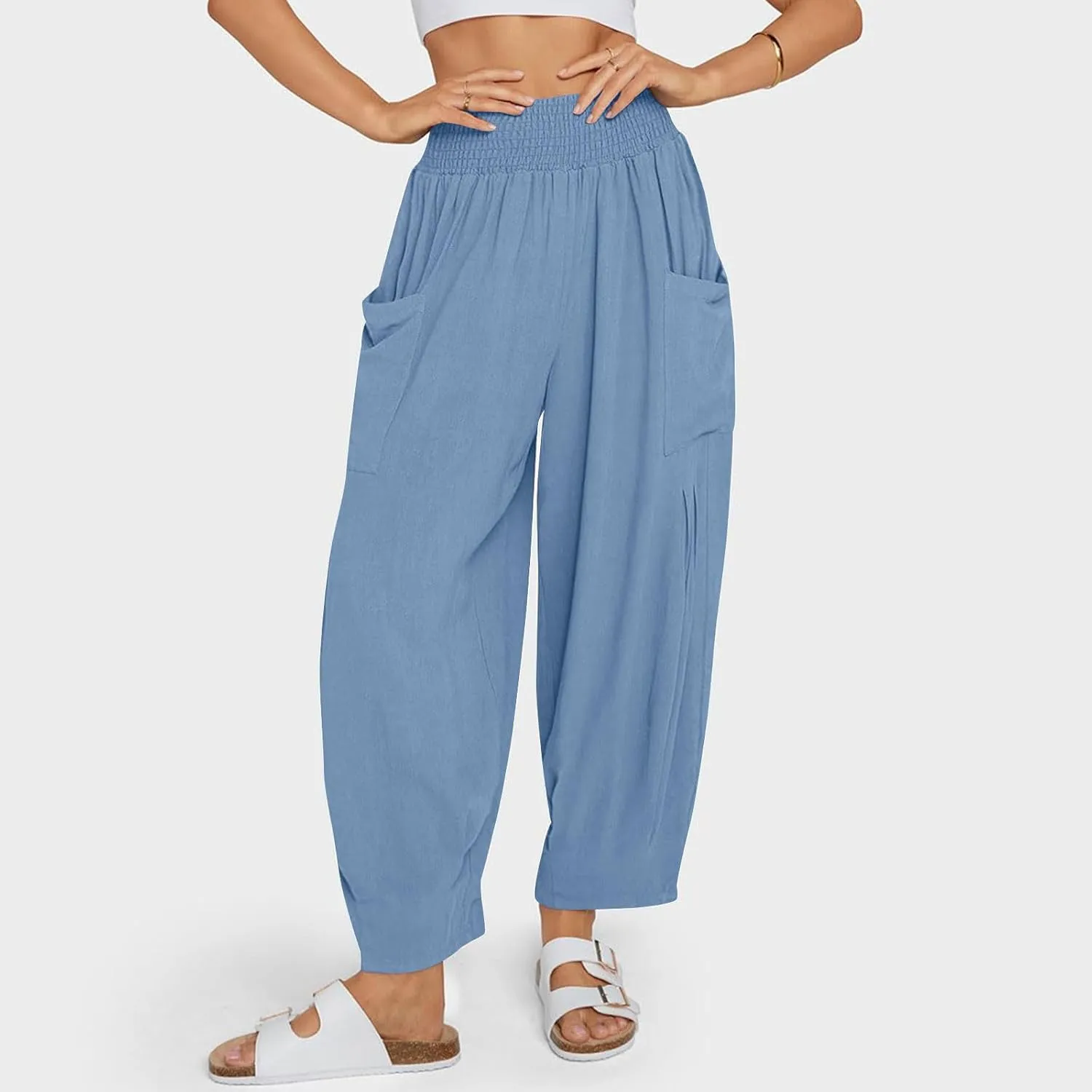 Linen Pants Women Summer 2025 Elastic High Waisted Baggy Paperback Pant Solid Color Harem Trouser with Pockets