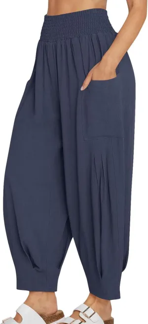 Linen Pants Women Summer 2025 Elastic High Waisted Baggy Paperback Pant Solid Color Harem Trouser with Pockets