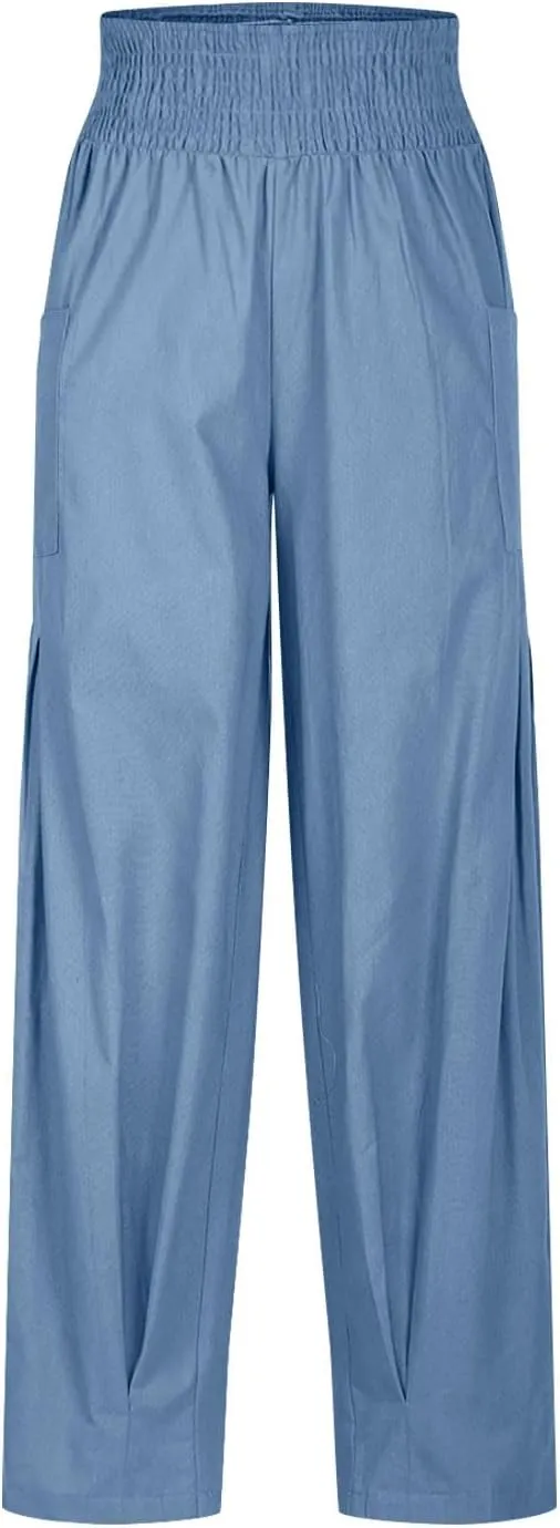 Linen Pants Women Summer 2025 Elastic High Waisted Baggy Paperback Pant Solid Color Harem Trouser with Pockets