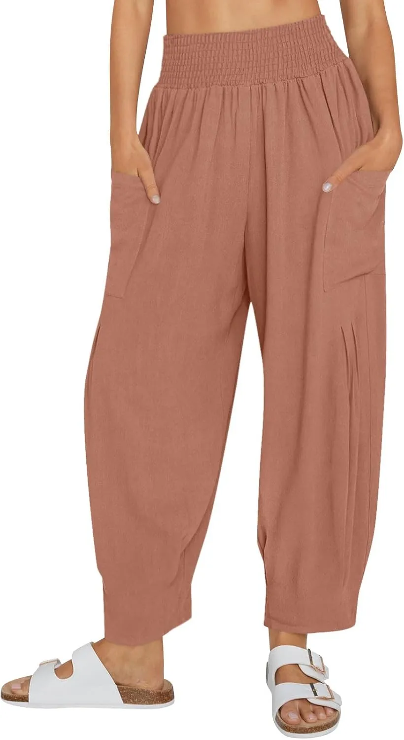Linen Pants Women Summer 2025 Elastic High Waisted Baggy Paperback Pant Solid Color Harem Trouser with Pockets
