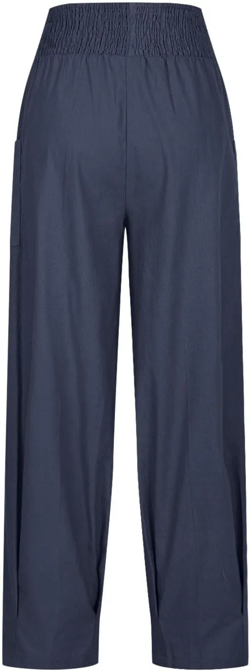 Linen Pants Women Summer 2025 Elastic High Waisted Baggy Paperback Pant Solid Color Harem Trouser with Pockets