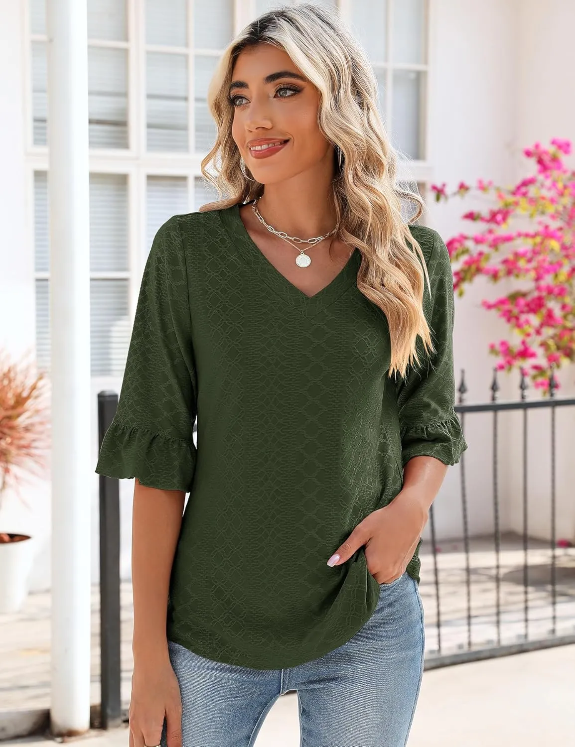 LOMON 3/4 Length Sleeve Womens Tops Summer Loose V-Neck Eyelet T-Shirts Dressy Casual Ruffle Sleeve Tunic Blouses