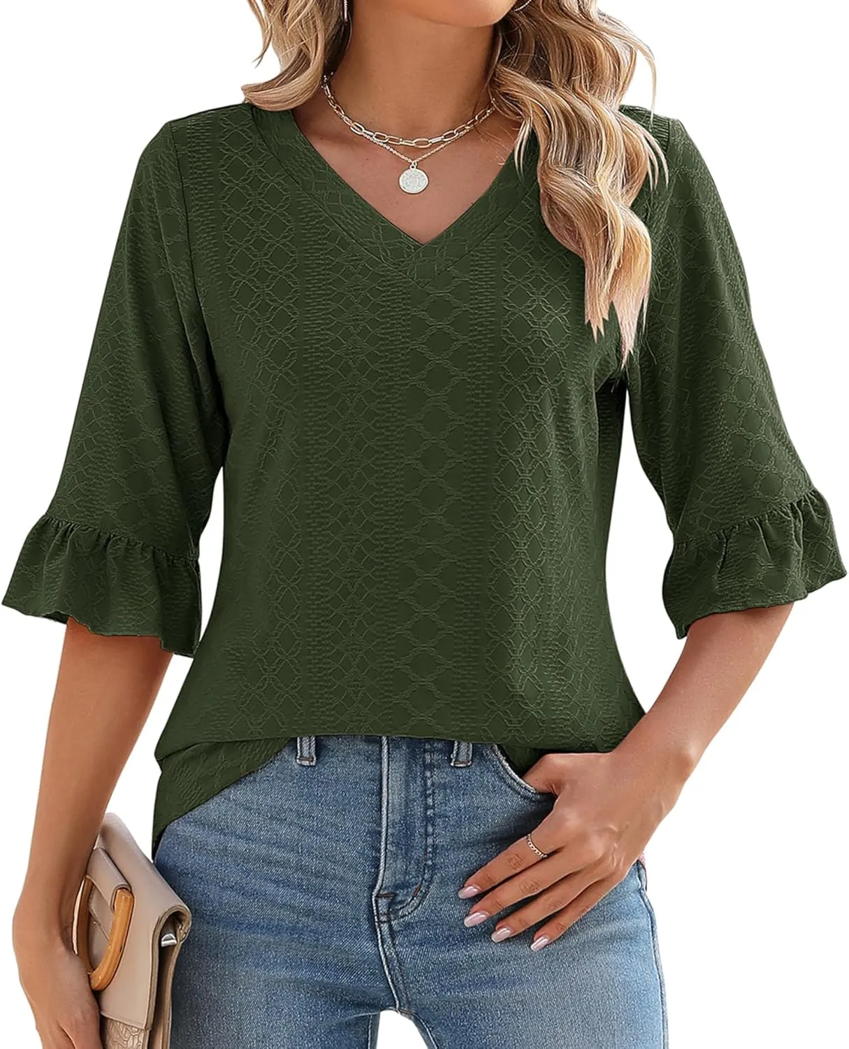 LOMON 3/4 Length Sleeve Womens Tops Summer Loose V-Neck Eyelet T-Shirts Dressy Casual Ruffle Sleeve Tunic Blouses