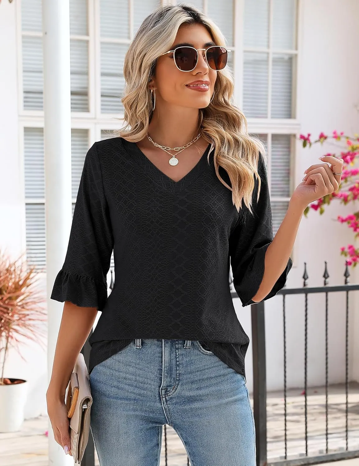 LOMON 3/4 Length Sleeve Womens Tops Summer Loose V-Neck Eyelet T-Shirts Dressy Casual Ruffle Sleeve Tunic Blouses