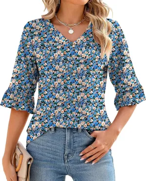 LOMON 3/4 Length Sleeve Womens Tops Summer Loose V-Neck Eyelet T-Shirts Dressy Casual Ruffle Sleeve Tunic Blouses
