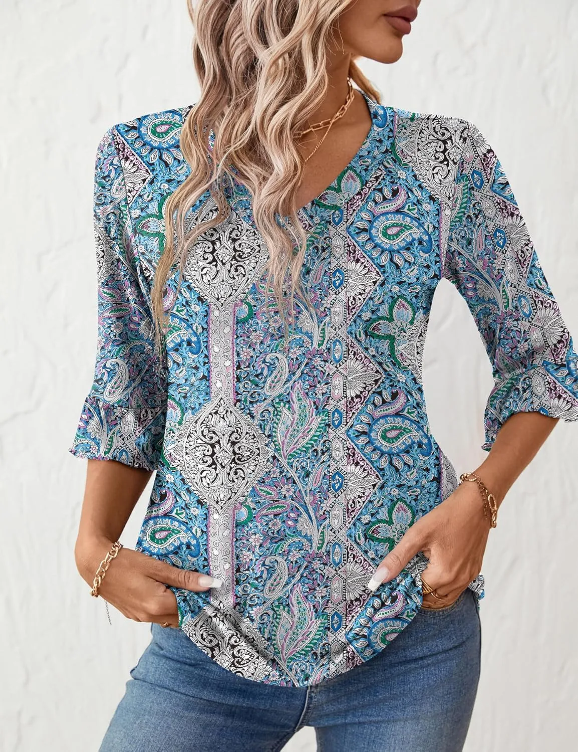 LOMON 3/4 Length Sleeve Womens Tops Summer Loose V-Neck Eyelet T-Shirts Dressy Casual Ruffle Sleeve Tunic Blouses