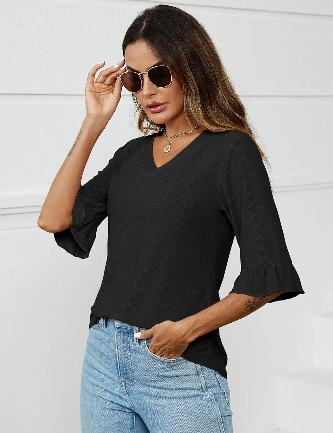 LOMON 3/4 Length Sleeve Womens Tops Summer Loose V-Neck Eyelet T-Shirts Dressy Casual Ruffle Sleeve Tunic Blouses