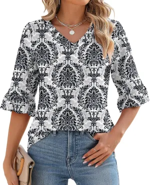 LOMON 3/4 Length Sleeve Womens Tops Summer Loose V-Neck Eyelet T-Shirts Dressy Casual Ruffle Sleeve Tunic Blouses