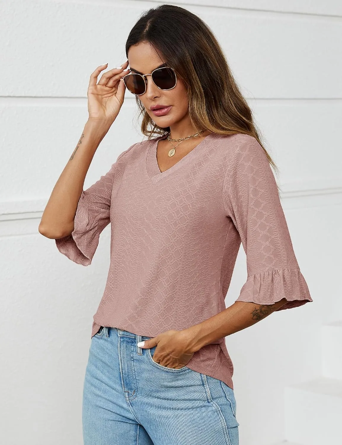 LOMON 3/4 Length Sleeve Womens Tops Summer Loose V-Neck Eyelet T-Shirts Dressy Casual Ruffle Sleeve Tunic Blouses