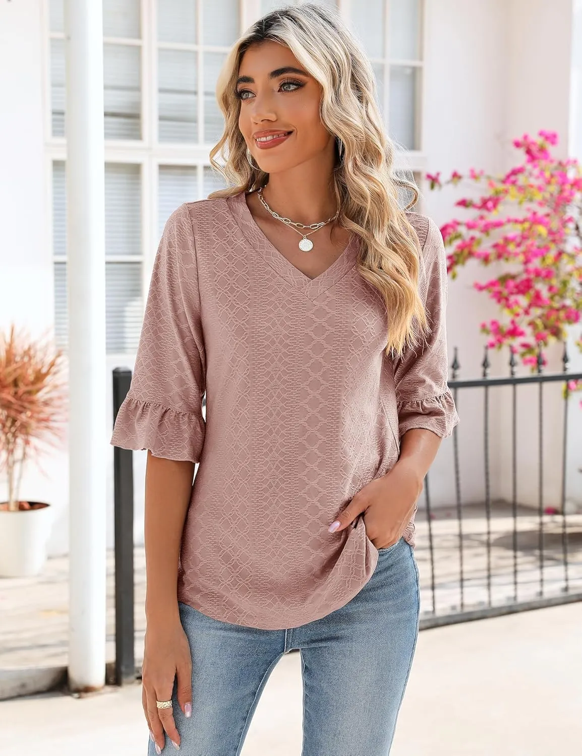 LOMON 3/4 Length Sleeve Womens Tops Summer Loose V-Neck Eyelet T-Shirts Dressy Casual Ruffle Sleeve Tunic Blouses